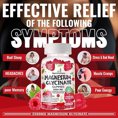 Magnesium Glycinate Gummies 2500mg - Sugar Free Magnesium Potassium Supplement with Vitamin D, B6, CoQ10 for Calm Mood & Sleep Support - 90 Raspberry Gummies