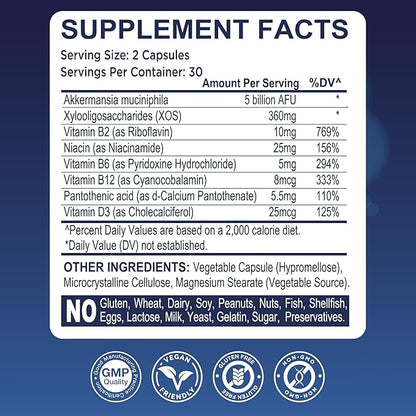 Akkermansia Muciniphila GLP-1 Probiotic Supplements - with XOS 5B AFU Vitamin B2 B6 B12 D3 Niacin Pantothenic Acid Increases GLP1 Production - Vegan Gluten-Free Capsules for Men Women (1 Pack)