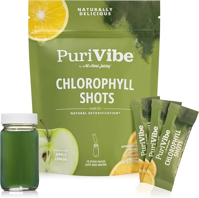 All About Juicing PuriVibe Chlorophyll Shots | Superfood Juice Powder, Wellness Shot Supplement - 2X Strength - Green Juice - Infused with Lemon & Apple - 15 Stick Packs