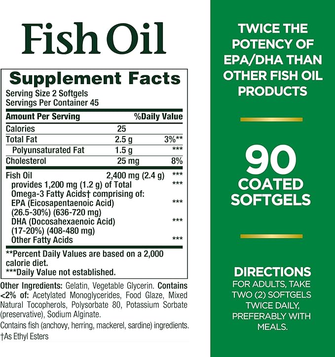 Nature's Bounty Fish Oil, Supports Heart Health, 2400mg, Coated Softgels, 90 Ct.