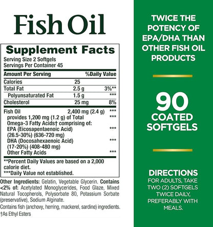 Nature's Bounty Fish Oil, Supports Heart Health, 2400mg, Coated Softgels, 90 Ct.