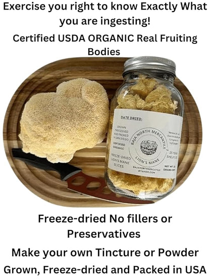 Freeze-Dried Lion's Mane Mushroom fruiting bodies Slices. Real Deal Large 25 Gram Jar. Great for tea or powder. Can be rehydrated and cooked or used as a herbal supplement. USDA organic. Excellent for Stamets Stack. No Refrigeration Required