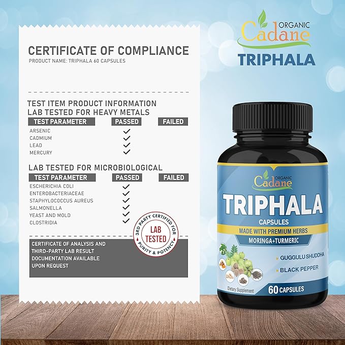 Organic Cadane Triphala Extract Capsules - 6 Premium Ingredients Complex with Turmeric, Moringa, Guggul, Ginger, and Black Pepper - 60 Caps for 2 Months Supply