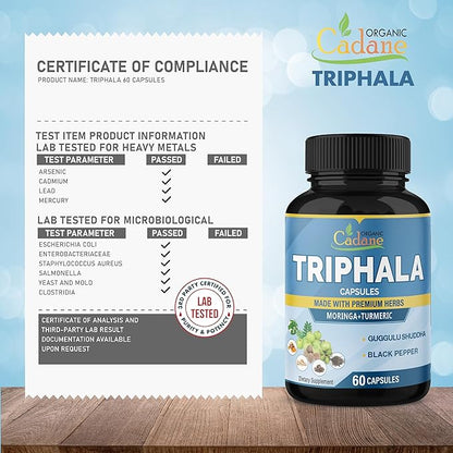Organic Cadane Triphala Extract Capsules - 6 Premium Ingredients Complex with Turmeric, Moringa, Guggul, Ginger, and Black Pepper - 60 Caps for 2 Months Supply