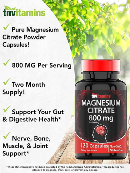 Magnesium Citrate 800 MG - 120 Capsules | Two Month Supply! | Pure Magnesium Citrate Powder Capsules | Citrato De Magnesio | Non-GMO | Produced in The USA!