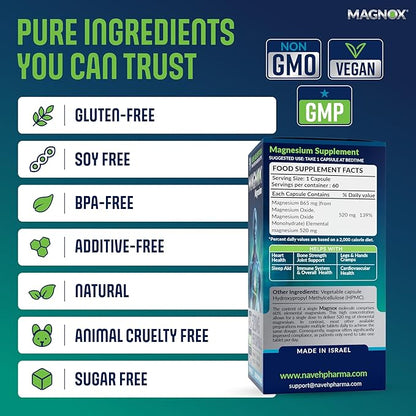 MAGNOX® 520 | Magnesium Supplement 520mg of High Absorption Magnesium for Men & Women with Dead Sea Minerals | 3X More Absorption | Patented Formula | Fast Sleep & Muscle Pain Relief (60 Vegan Caps)