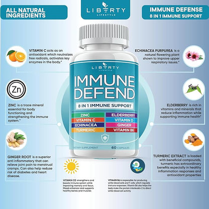 8 in 1 Immune Defense Support, Immunity Vitamins Supplement Booster with Zinc 50mg, Vitamin C Elderberry Vit D3 5000 IU, Turmeric Curcumin & Ginger, Echinacea - Allergy Relief for Kids Adults (2 Pack)