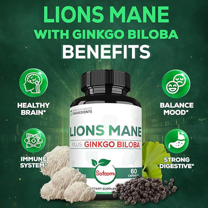 Lions Mane with Ginkgo Biloba Supplement - 60 Capsules - Extra Strength for Restful Mind, Brain Health, Immune System & Focus - Gluten-Free, Non-GMO