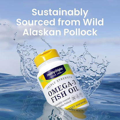 Healthy Origins Triple Strength Omega 3 Fish Oil 1250mg from Wild Alaska Pollock, with DHA, EPA & Omega 3s, Gluten-Free Non-GMO 180 Softgels