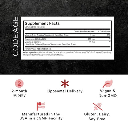 Codeage Liposomal CoQ10 Max Supplement - 250 mg Coenzyme Q10 with Vitamin E Isomers Tocopherols - 2-Month Supply - 1 Capsule Per Serving - Liposomal Delivery - Non-GMO, Gluten-Free - 60 Capsules