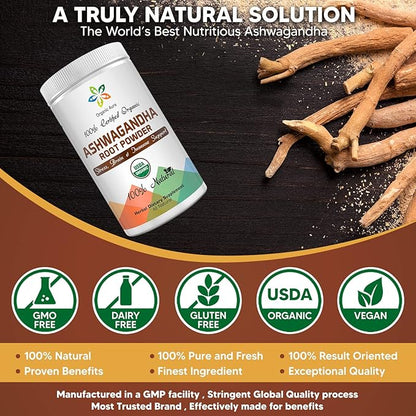 Certified Organic Ashwagandha Root Powder 8Oz -1/2Lb. Enhances Overall Health. 100% Pure Natural Herbal Supplement. No GMO. Gluten Free. Raw, Fresh and Original Withania somnifera.