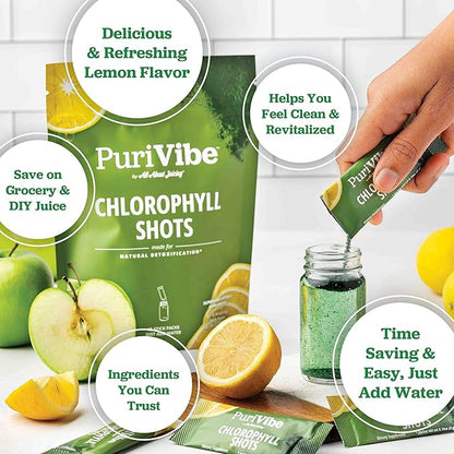 All About Juicing PuriVibe Chlorophyll Shots | Superfood Juice Powder, Wellness Shot Supplement - 2X Strength - Green Juice - Infused with Lemon & Apple - 15 Stick Packs