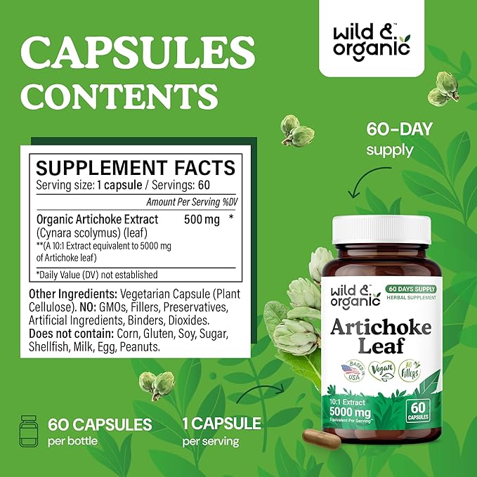 Wild & Organic Artichoke Extract Capsules 500 mg - Liver & Digestive Support - Artichoke Leaf Extract Supplement - Cynara Scolymus Leaf Powder - Vegan, No Fillers, Non-GMO - 60 Count