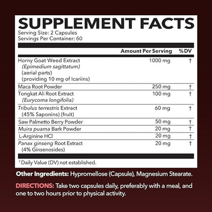Horny Goat Weed Capsules for Men & Women - Extra Strength Performance & Energy Support with Tongkat Ali, Muira Puama, and Saw Palmetto - 2 Month Supply Herbal Supplement for Increased Endurance