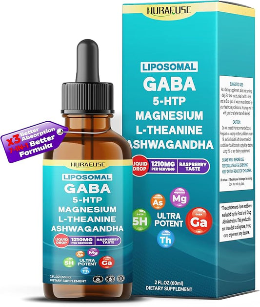 Liposomal GABA, 5-HTP, Magnesium, Theanine, Ashwagandha Liquid Drops – Ultra Potent, Raspberry Taste, USA Made & Lab Tested – 2 FL OZ (60ml)
