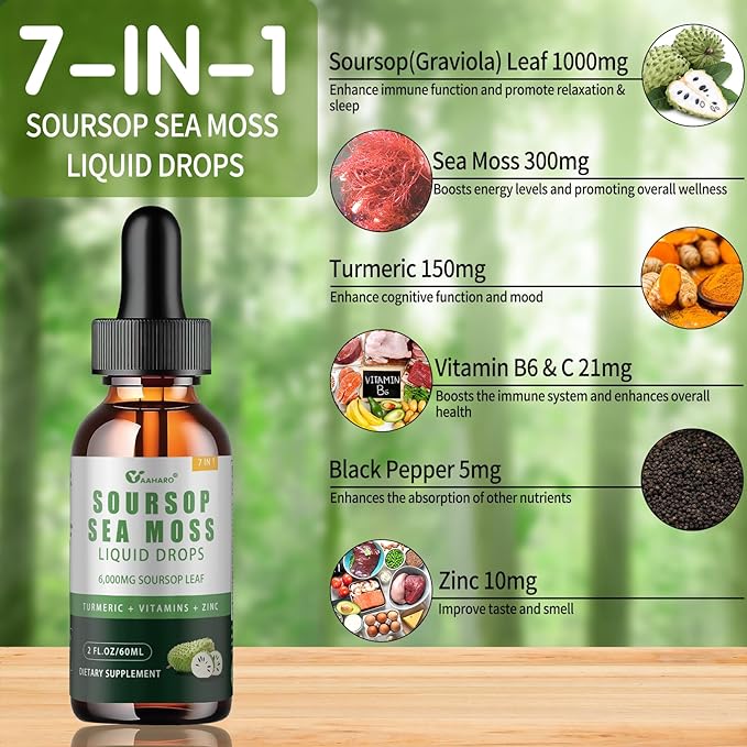 Soursop Graviola Liquid Drops - Organic Soursop Leave Extract with Sea Moss, Vitamin B6&C and Zinc - Soursop Bitters Liquid for Immune Boost, Relax and Sleep - Vegan, Non-GMO, Gluten Free - 2 Fl Oz