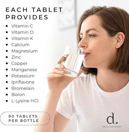 Calcium Supplements for Women & Men - Daily Defense Bone Support Formula with Calcium 1000mg, Magnesium, L-Lysine HCl, & More - for Better Flexibility & Mobility - 90 Easy to Swallow Calcium Tablets