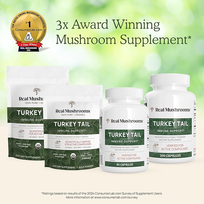 Real Mushrooms Turkey Tail Capsules - Organic Mushroom Supplement with Potent Extract for Gut, Energy, Brain, Immune Support Vegan Extract, Non-GMO, 90 Caps