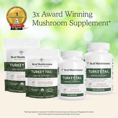 Real Mushrooms Turkey Tail Capsules - Organic Mushroom Supplement with Potent Extract for Gut, Energy, Brain, Immune Support Vegan Extract, Non-GMO, 90 Caps