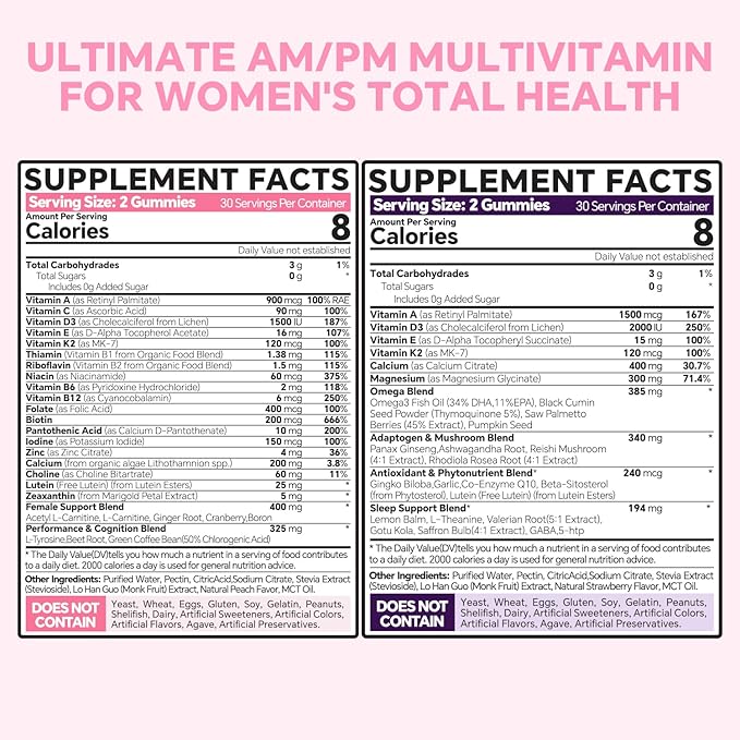 Multivitamin for Women AM & PM - Melatonin Free with w/Algae Calcium,Omega-3,Vitamin D3K2,Magnesium for Energy & Relaxation,Rest,Skin,Hair Support - Sugar Free, 24-Hour Support, Vegan,120 Count