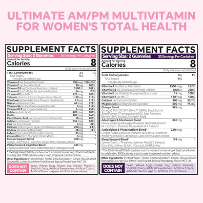 Multivitamin for Women AM & PM - Melatonin Free with w/Algae Calcium,Omega-3,Vitamin D3K2,Magnesium for Energy & Relaxation,Rest,Skin,Hair Support - Sugar Free, 24-Hour Support, Vegan,120 Count