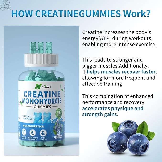 Creatine Monohydrate Gummies 5000mg for Men & Women, Chewables Creatine Monohydrate for Muscle Strength, Muscle Builder, Energy Boost, Pre-Workout Supplement(90 Count)-Blueberry