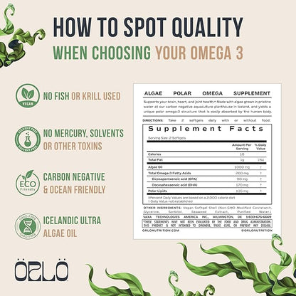 Orlo Omega 3 - Triple Strength Vegan Omega3s Supplement - Plant Based DHA & EPA Fatty Acids - Algae Omega-3 Oil - Krill or Fish Oil Alternative (60 Mini Softgels Kit)