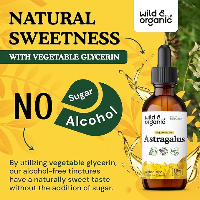 Wild & Organic Astragalus Tincture - Immune Support Drops w/Astragalus Root Extract - Herbal Supplement for Calmness & Relaxation - Vegan, Sugar & Alcohol Free - 2 fl oz