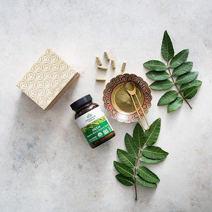 ORGANIC INDIA Neem Leaf Capsules, Herbal Supplement - Supports Skin, Immune, & Liver Health, Detox, Vegan, Gluten-Free, USDA Certified Organic - 180 Capsules