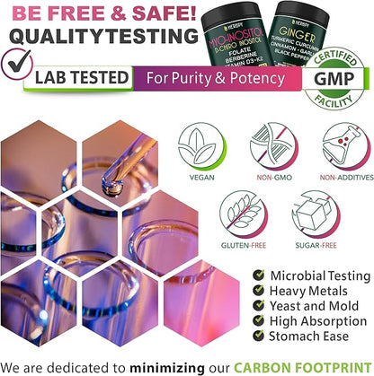 Bundle 5in1 Ginger Supplement 100 Count & 6in1 Myo-inositol & D-Chiro Inositol Supplement for Women 120 Count - Support Digestion, Immune, Heart & Overall Health