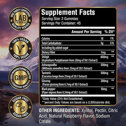 4-in-1 Organic Himalayan Shilajit Gummies | Fortified with Ashwagandha, Turmeric, & Ginseng | for Energy, Immunity & Cognitive Support | 90 Count | Sugar Free, Vegan, Non-GMO | for Men and Women