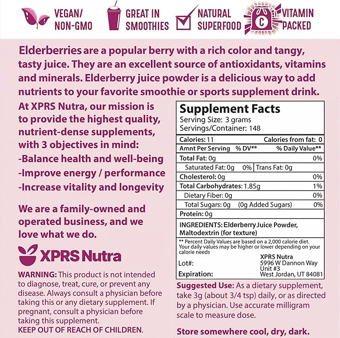 XPRS Nutra Elderberry Juice Powder - Elderberry Powder Organic Fruit Juice Mix - Powdered Elderberries Supplement Rich in Vitamins A and C (16 oz)