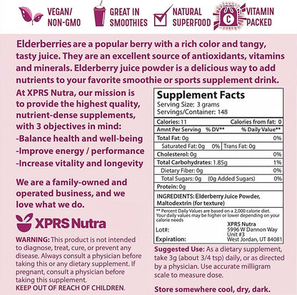 XPRS Nutra Elderberry Juice Powder - Elderberry Powder Organic Fruit Juice Mix - Powdered Elderberries Supplement Rich in Vitamins A and C (16 oz)