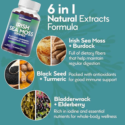 Irish Sea Moss Gummies - with Black Seed Elderberry Bladderwrack Burdock Turmeric Omega-3 Vitamins C D3 Zinc - Seamoss Supplements for Adults Women Men - Sugar-Free Gluten Free Vegan