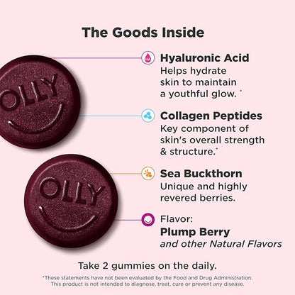 OLLY Glowing Skin Collagen Gummy, Hydrated, Youthful Skin, Hyaluronic Acid, Sea Buckthorn, Chewable Supplement, Berry, 60 Day Supply - 120 Count Pouch