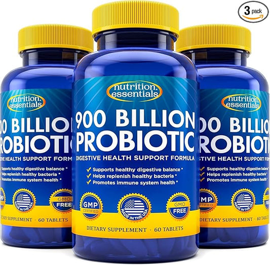 Probiotics for Women and Men - with Natural Lactase Enzyme & Prebiotic Fiber for Digestive Health - 80%+ Stronger Supplement for Gut Health Support - Vegan Raw Probiotic Formula, 3 Count of 60 Tablets