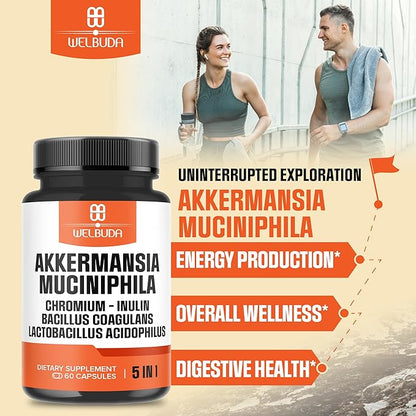 5in1 Akkermansia Probiotic Capsules for Increases GLP-1 - Contains Inulin, Bacillus Coagulans, Lactobacillus Acidophilus and Chromium - 60 Capsules for 60 Days