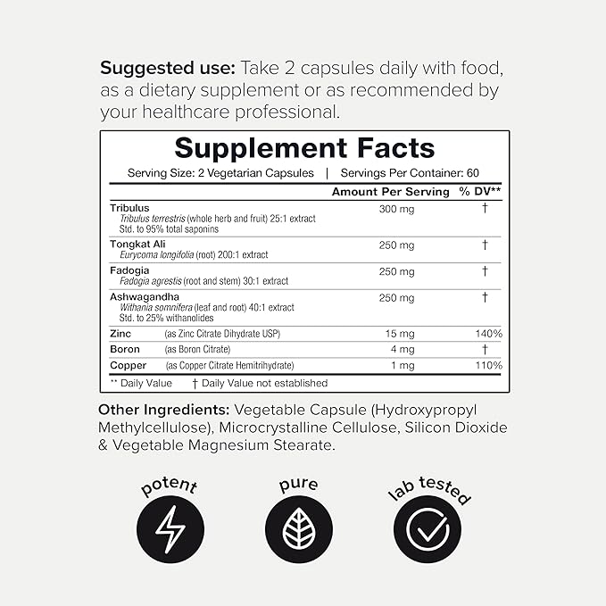 Elite T Formula - Ultra High Potency 200:1 Tongkat Ali, 30:1 Fadogia & 25% Withanolides Ashwagandha - Tribulus with 95% Saponins, Zinc, Boron & Copper - Third-Party Lab Tested - 120 Capsules