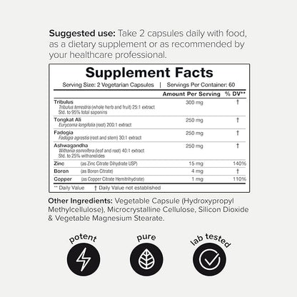 Elite T Formula - Ultra High Potency 200:1 Tongkat Ali, 30:1 Fadogia & 25% Withanolides Ashwagandha - Tribulus with 95% Saponins, Zinc, Boron & Copper - Third-Party Lab Tested - 120 Capsules
