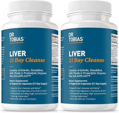 Dr. Tobias Liver 21 Day Cleanse, Herbal Liver Detox Cleanse with Solarplast, Artichoke Extract, Milk Thistle, Dandelion Extract & Digestive Enzymes, 63 Vegetable Capsules, 3 Daily, Pack of 2