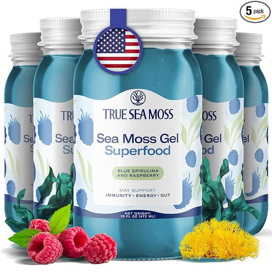 TrueSeaMoss Sea Moss Gel – Made in USA – Wildcrafted Seamoss, Fresh Fruits & Sea Vegetables – Blue Spirulina, Pack of 5 (Labels may Vary)