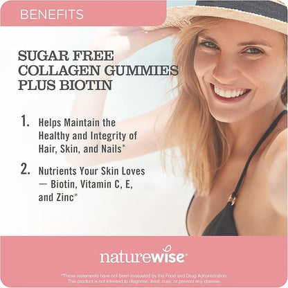 NatureWise Collagen Gummies - Sugar-Free Hydrolyzed Collagen Gummies - Type 1 & 3 Peptides for Women + Biotin, Vitamin C, E, & Zinc for Hair Skin and Nails Support - 90 Count[45-Day Supply]