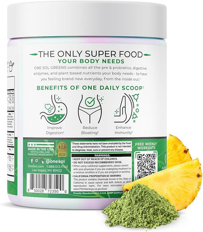 One Sol Greens, Super Greens Powder to Reduce Bloating & Improve Gut Health, Superfood Fresh Bloom Organic Greens Blend Juice & Smoothie Mix, Pre & Probiotic with Digestive Enzymes, Vegan & Soy Free