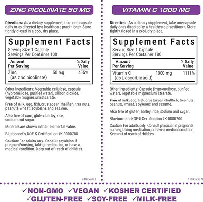Bluebonnet Nutrition Zinc Picolinate 50mg and Vitamin C 1000mg Vegetable Capsules Bundle