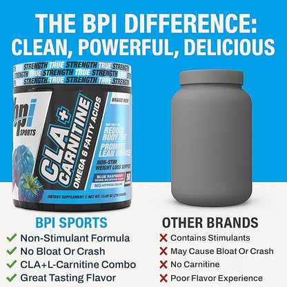 BPI Sports CLA + Carnitine – Conjugated Linoleic Acid – Weight Loss Formula – Metabolism, Performance, Lean Muscle – Caffeine Free – for Men & Women – Blue Raspberry – 50 Servings – 12.34 oz.