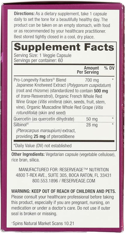 Reserveage Beauty, Resveratrol 500 mg with Pterostilbene, Antioxidant Supplement for Immune Support & Heart Health, Supports Healthy Aging, Paleo, Keto, 60 Capsules (60 Servings)
