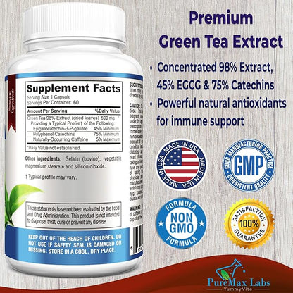 Green Tea Extract 98% - 3X Strength, 75% Polyphenol Catechins, 45% EGCG, Super Antioxidant - 60 Capsules