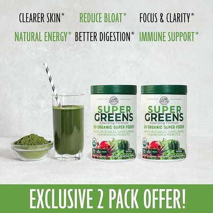 COUNTRY FARMS Super Greens Natural Flavor, 50 Organic Super Foods, USDA Organic Drink Mix, Fruits, Vegetables, Super Greens, Mushrooms & Probiotics, Supports Energy, 40 Servings, 10.6 Oz, 2 Pack