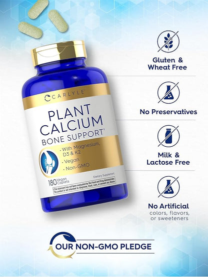 Carlyle Plant Based Calcium with Vitamin K2, D3, Magnesium | 180 Vegan Caplets | Bone Strength Supplement | Non-GMO, & Gluten Free