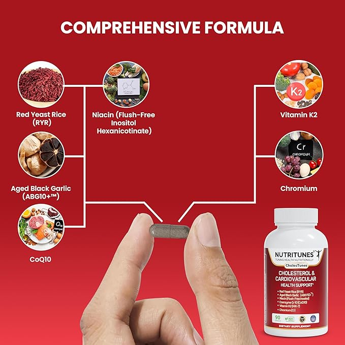 Cholestunes –Cholesterol & Heart Health Support Advanced Supplement Red Yeast Rice (RYR), Aged Black Garlic CoQ10, Niacin (Flush-Free), Chromium & Vitamin K2– 90 Capsules